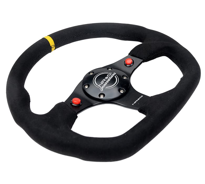 NRG Innovations NRG-RST-024D-MB-SA-Y Reinforced Steering Wheel 320mm Sport Alcantara Dual Push Buttons Flat Bottom with Yellow Center Mark