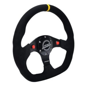 NRG Innovations NRG-RST-024D-MB-SA-Y Reinforced Steering Wheel 320mm Sport Alcantara Dual Push Buttons Flat Bottom with Yellow Center Mark