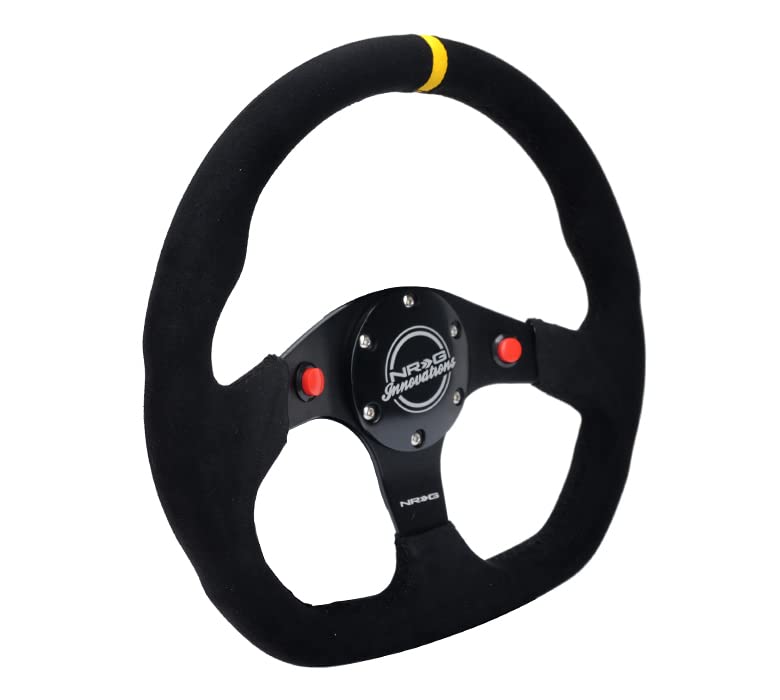 NRG Innovations NRG-RST-024D-MB-SA-Y Reinforced Steering Wheel 320mm Sport Alcantara Dual Push Buttons Flat Bottom with Yellow Center Mark