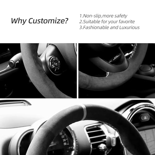 Alfanxi Hand Stitch Alcantara Steering Wheel Cover Compatible with Mini JCW/Clubman JCW/Convertible JCW/Countryman JCW 2014-2023 (White Stripe)