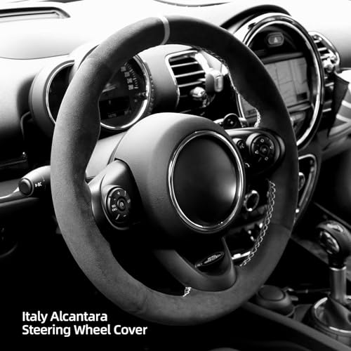 Alfanxi Hand Stitch Alcantara Steering Wheel Cover Compatible with Mini JCW/Clubman JCW/Convertible JCW/Countryman JCW 2014-2023 (White Stripe)