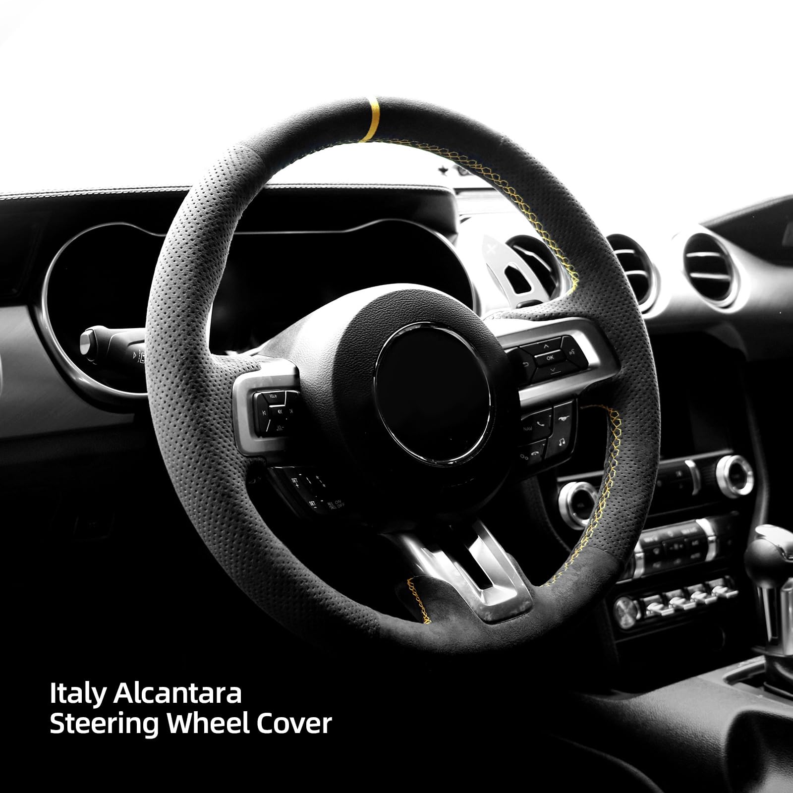 Alfanxi Hand Stitch Sewing Italy Alcantara Car Steering Wheel Cover Wrap for Ford Mustang/Shelby GT350 GT500 (Yellow Stripe)