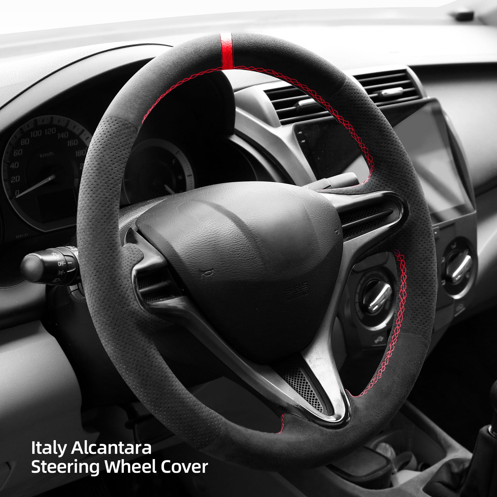 Alfanxi Hand Stitch Alcantara Steering Wheel Cover Compatible with Honda Jazz City Insight FN2 Civic 8 (Red Stripe)