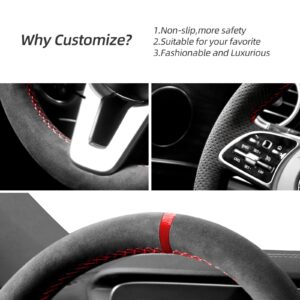 Alfanxi Hand Stitch Sewing Italy Alcantara Car Steering Wheel Cover Wrap for Mercedes-Benz CLA /GLA/GLB /GLC/GLE /GLS (Black Alcantara with Dot+Red Stripe)