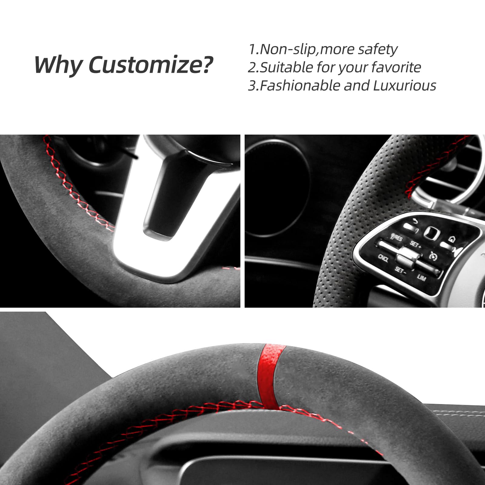 Alfanxi Hand Stitch Sewing Italy Alcantara Car Steering Wheel Cover Wrap for Mercedes-Benz CLA /GLA/GLB /GLC/GLE /GLS (Black Alcantara with Dot+Red Stripe)