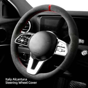 Alfanxi Hand Stitch Sewing Italy Alcantara Car Steering Wheel Cover Wrap for Mercedes-Benz CLA /GLA/GLB /GLC/GLE /GLS (Black Alcantara with Dot+Red Stripe)