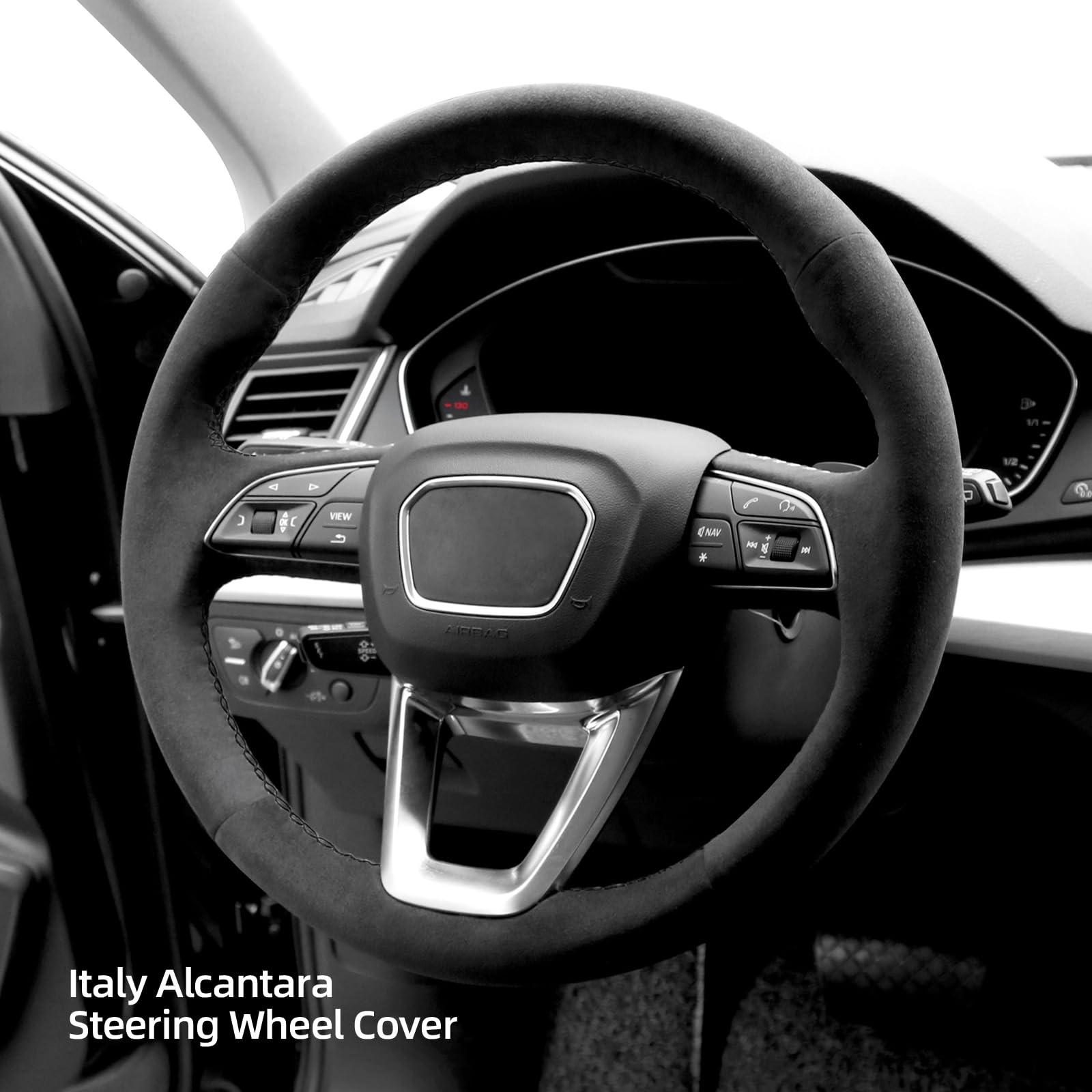 Alfanxi Hand Stitch Alcantara Steering Wheel Cover Compatible with Audi A4 Allroad Q3 Q5 SQ5 Sportback Q7 SQ7 Q8 SQ8 with Shift Paddles (No Stripes)