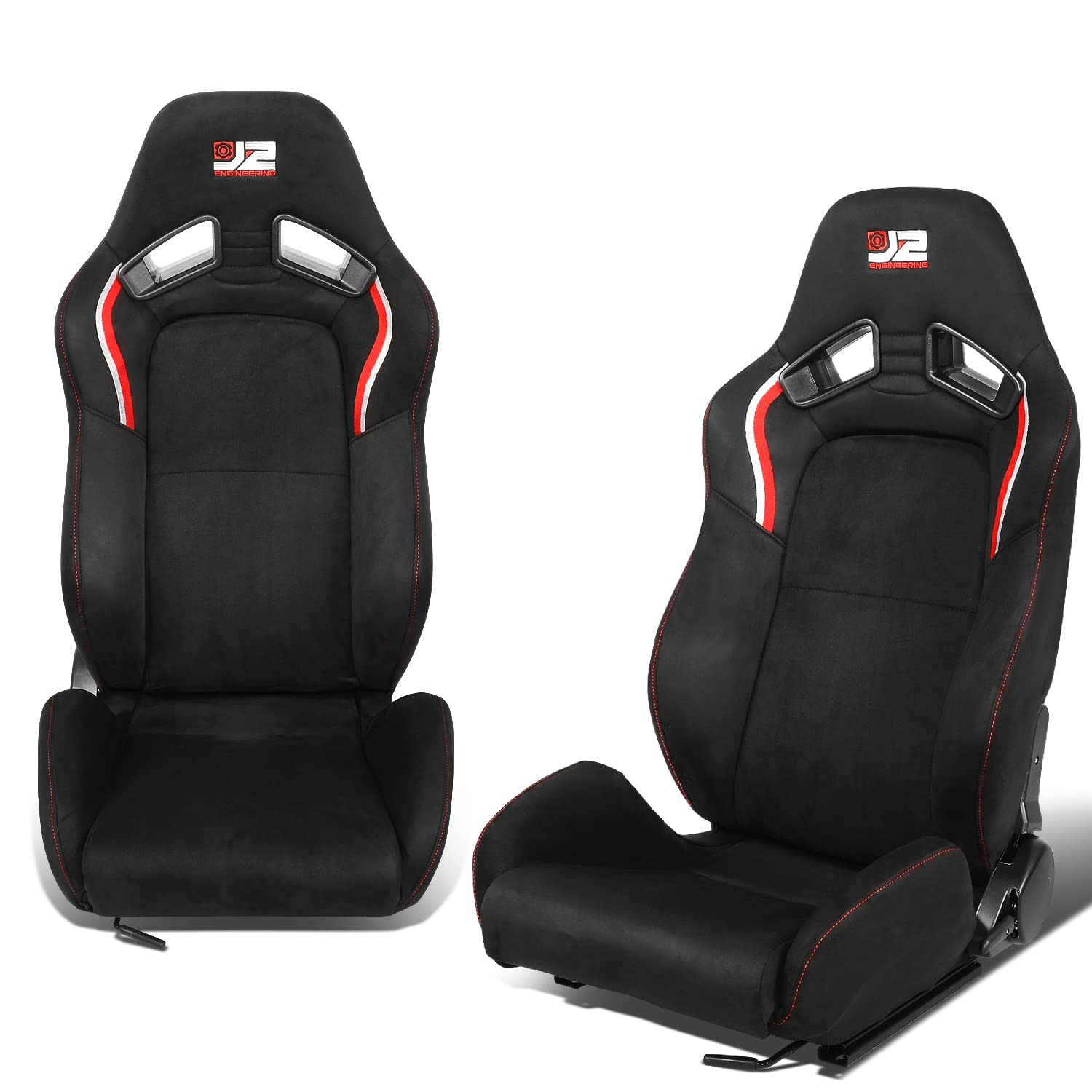 J2 Engineering J2-RS-003-BK Red Stitching Alcantara Reclinable Back Rest Racing Bucket Seats for 4 Point Harness, 38" H X 21" W X 23" D, 1 Pair