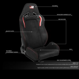 J2 Engineering J2-RS-003-BK Red Stitching Alcantara Reclinable Back Rest Racing Bucket Seats for 4 Point Harness, 38" H X 21" W X 23" D, 1 Pair