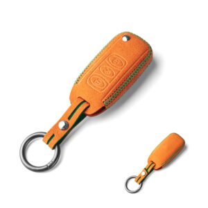 Noreyvis Alcantara Leather Key Fob Cover Protective Shell Case with Keychain Compatible for Bentley Continental GT GTC Mulsanne 2004-2016(Orange)