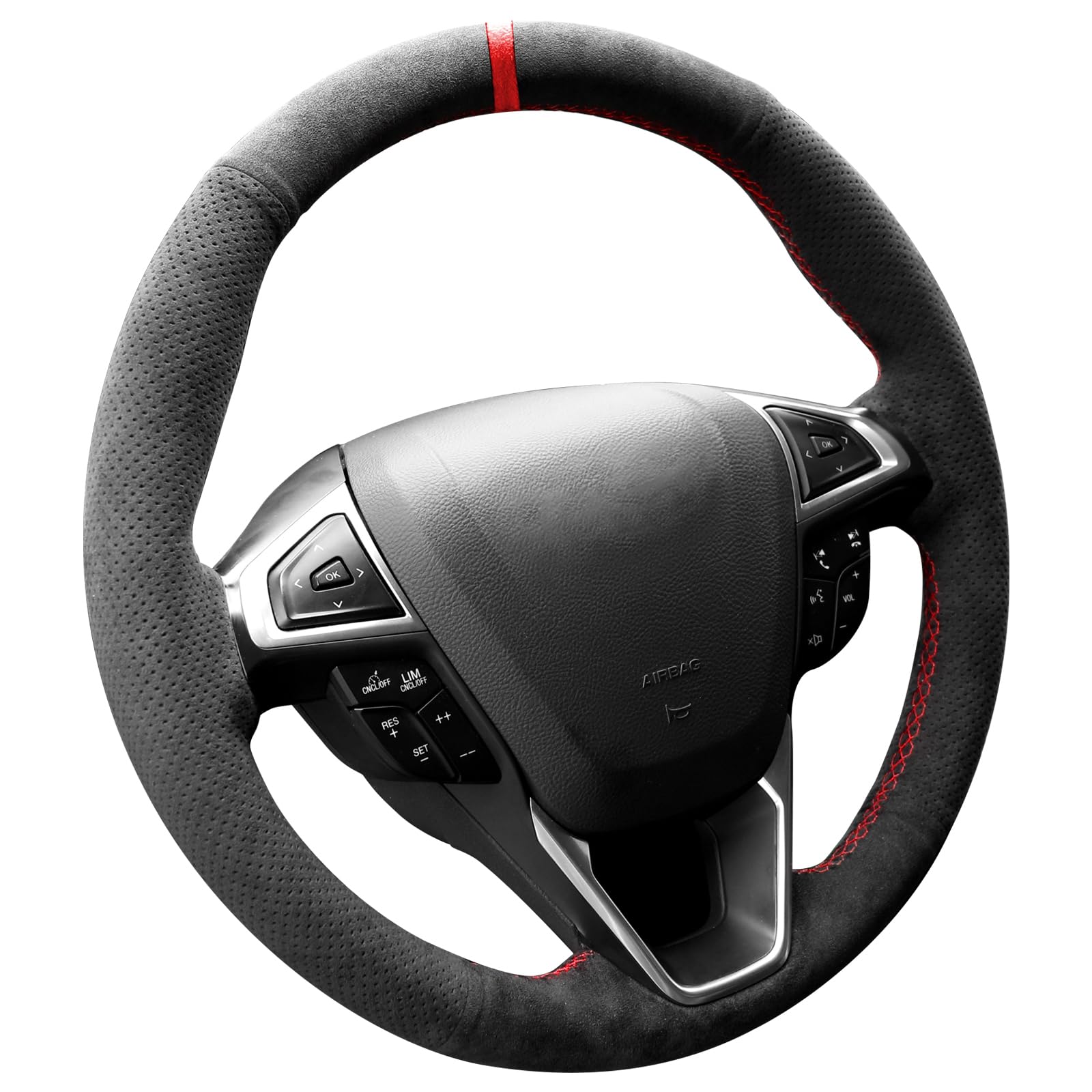 Alfanxi Hand Stitch Alcantara Steering Wheel Cover Compatible with Ford Edge Fusion Energi Hybrid Galaxy Mondeo S-MAX 2014-2020 (Red Stripe)