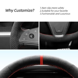 Alfanxi Hand Stitch Alcantara Steering Wheel Cover Compatible with Tesla Model S Base Plaid (Red Stripe)