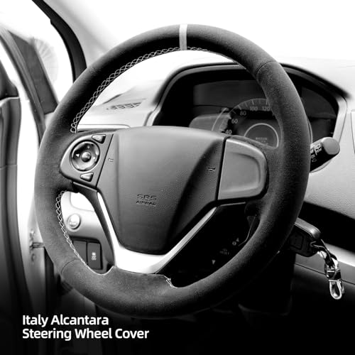 Alfanxi Hand Stitch Alcantara Steering Wheel Cover Compatible with Honda CRV 2012-2018 (White Stripe)