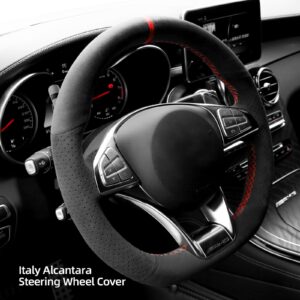 Alfanxi Hand Stitch Alcantara Steering Wheel Cover Compatible with Mercedes Benz AMG A45 / W205 C43 C63S/ CLA45 CLS63/ GLC 43 63/ E43 W213 /S-Class S500 (Red Stripe)