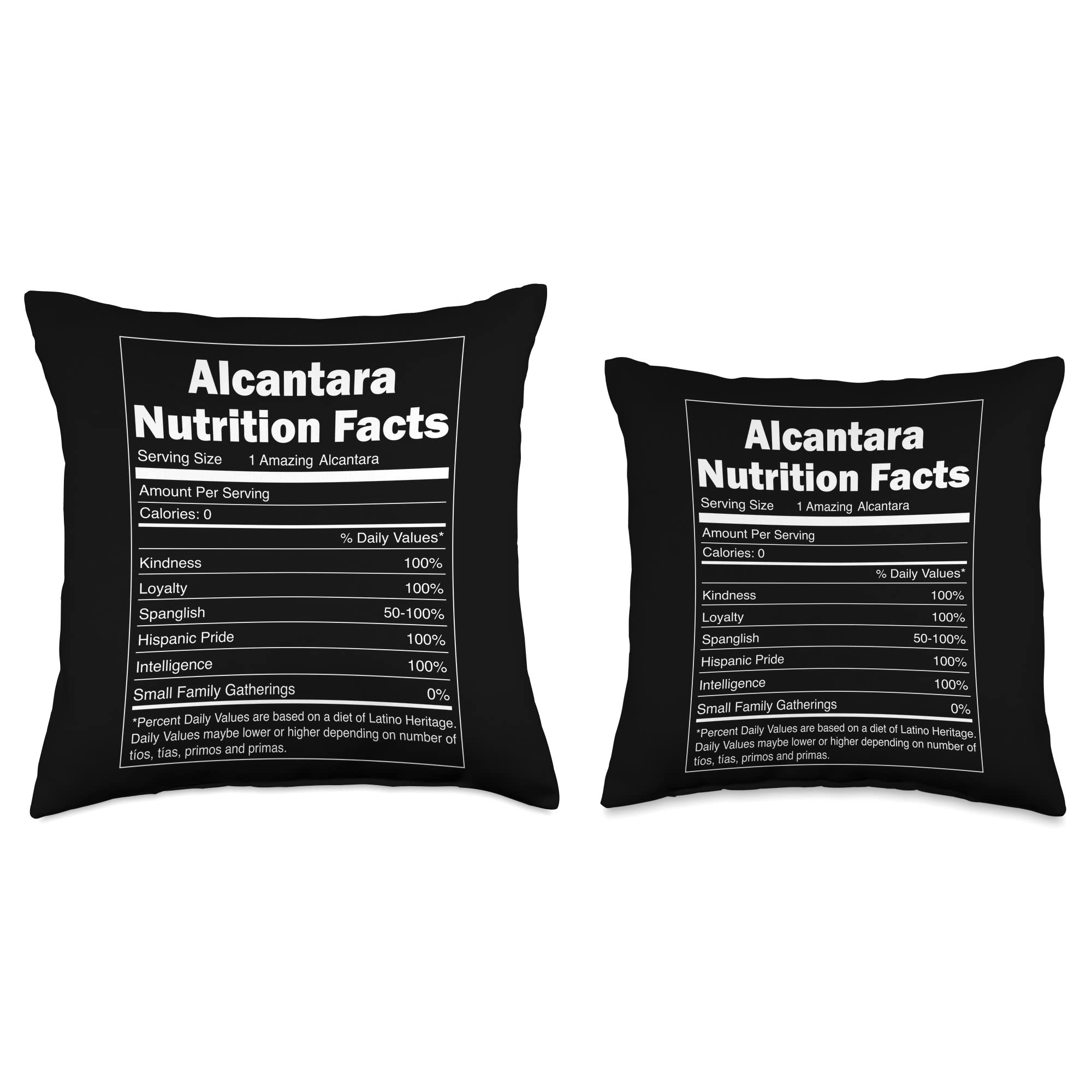 Funny Alcantara Family Designs Funny Nutrition Facts Last Name Design-Alcantara Throw Pillow, 18x18, Multicolor