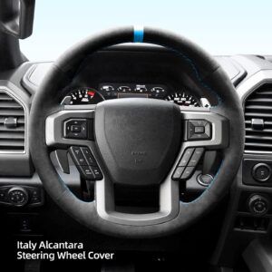 Alfanxi Hand Stitch Alcantara Steering Wheel Cover Compatible with Ford F-150 F-150 Raptor 2015-2020 (Blue Stripe)