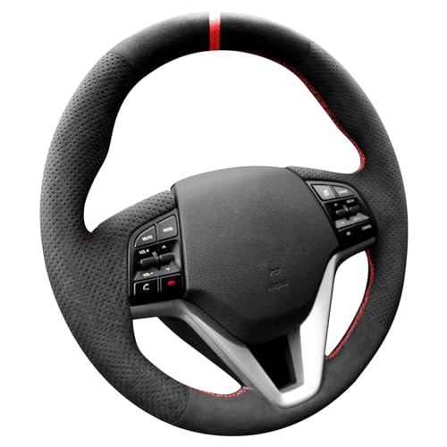 Alfanxi Hand Stitch Alcantara Steering Wheel Cover Compatible with Hyundai Tucson 2016-2023(Red Stripe)