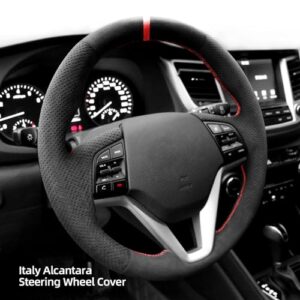 Alfanxi Hand Stitch Alcantara Steering Wheel Cover Compatible with Hyundai Tucson 2016-2023(Red Stripe)