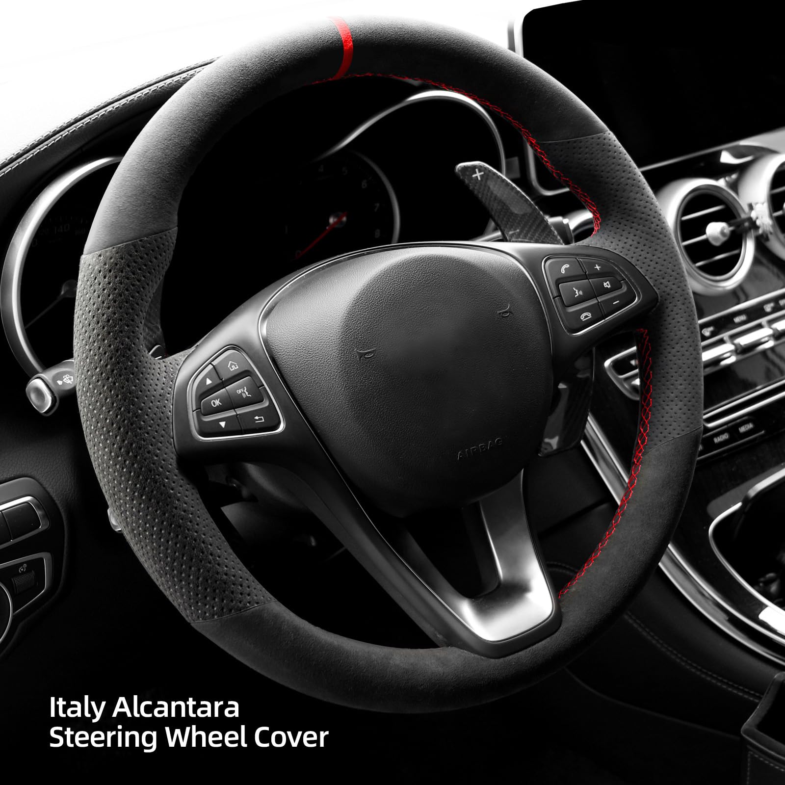 Alfanxi Hand Stitch Alcantara Steering Wheel Cover for Benz A180 A200 B180 B200 C180 C200 C260 C300 E200 E300 CLS260 CLS300 GLC260 GLC300 GLE300 W447 (Red Stripe)