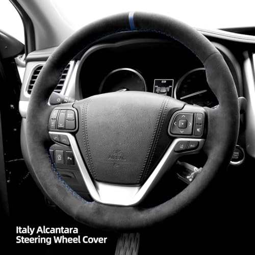 Alfanxi Hand Stitch Sewing Italy Alcantara Car Steering Wheel Cover Wrap Compatible with Toyota Highlander/Sienna 2014-2019 (Blue Thread)