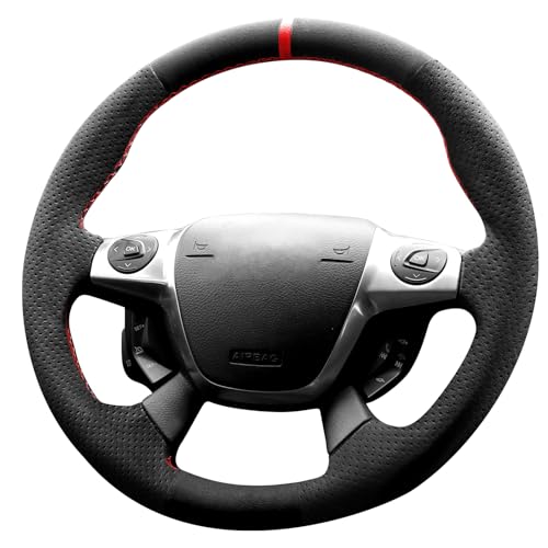 Alfanxi Hand Stitch Alcantara Steering Wheel Cover Compatible with Ford Focus 3 ST C-Max Energi Hybrid Kuga 2012-2016 (Red Stripe)