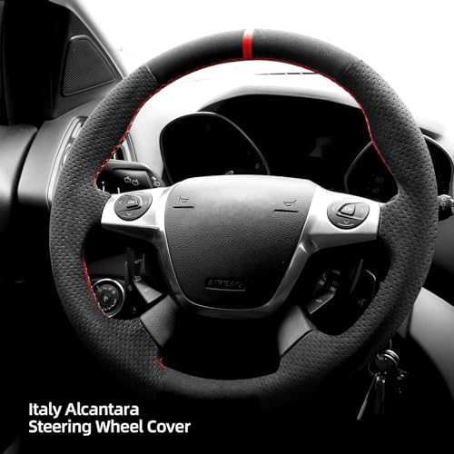 Alfanxi Hand Stitch Alcantara Steering Wheel Cover Compatible with Ford Focus 3 ST C-Max Energi Hybrid Kuga 2012-2016 (Red Stripe)