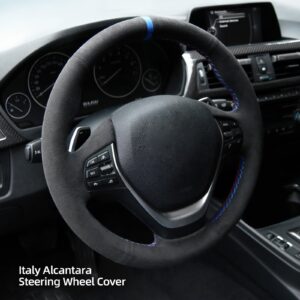 Alfanxi Hand Stitch Sewing Italy Alcantara Car Steering Wheel Cover Wrap for BMW ActiveHybrid 3 Baseries (Black Alcantara+Blue Stripe)