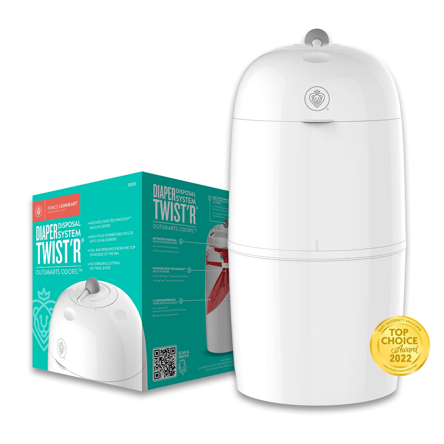 Prince Lionheart Diaper Twist’R Diaper Pail - Outsmarts Odors with Patented Twist Technology, Trash Can for Bathroom, Baby Diaper Pail with 2 Diaper Pail Refill Bags & 2 Charcoal Sachets