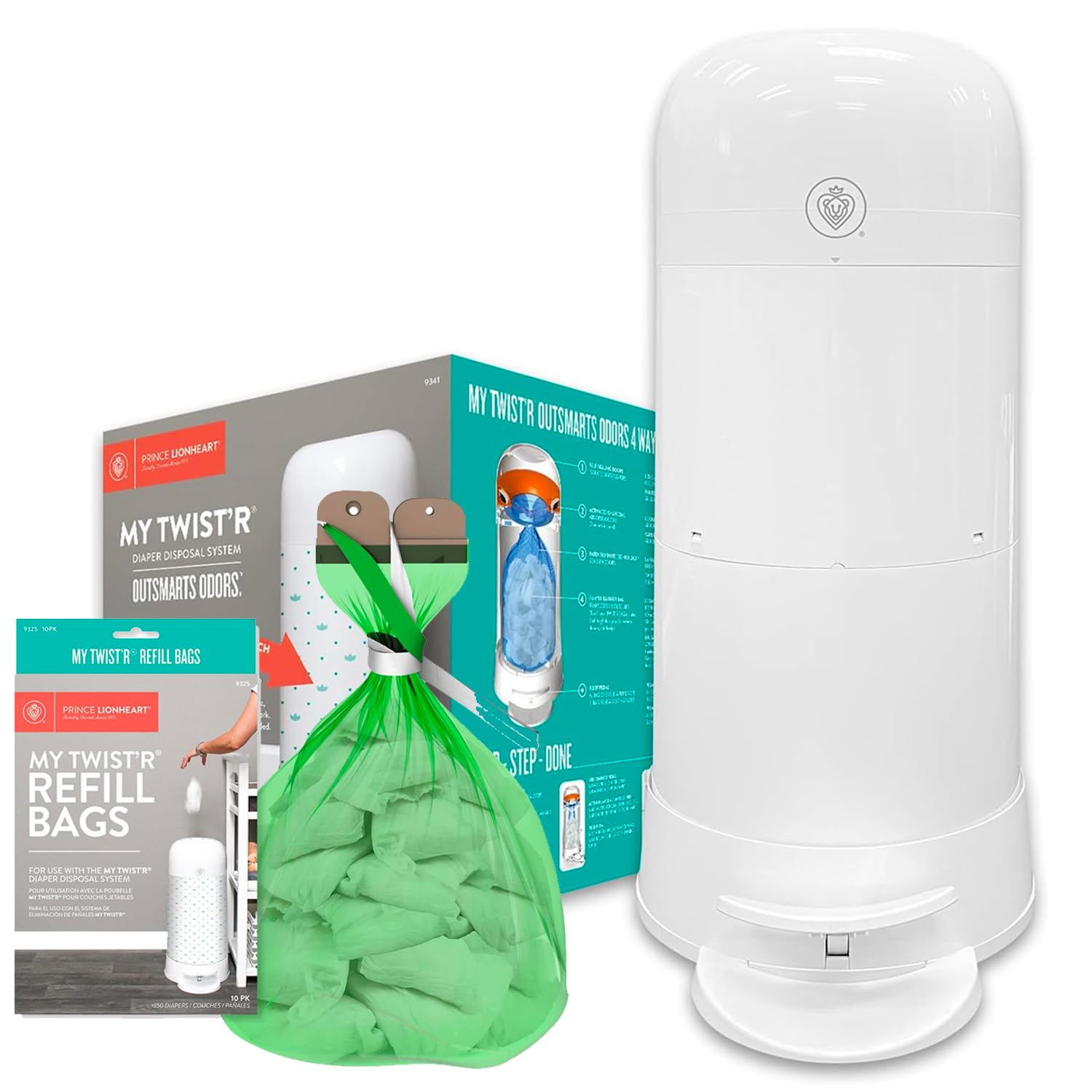 Prince Lionheart My Twist’R Diaper Pail Made in USA with Refill Bags Included - Hands Free Patented Design Completely Eliminates Odors - Easy to Use, Customize to Match Nursery