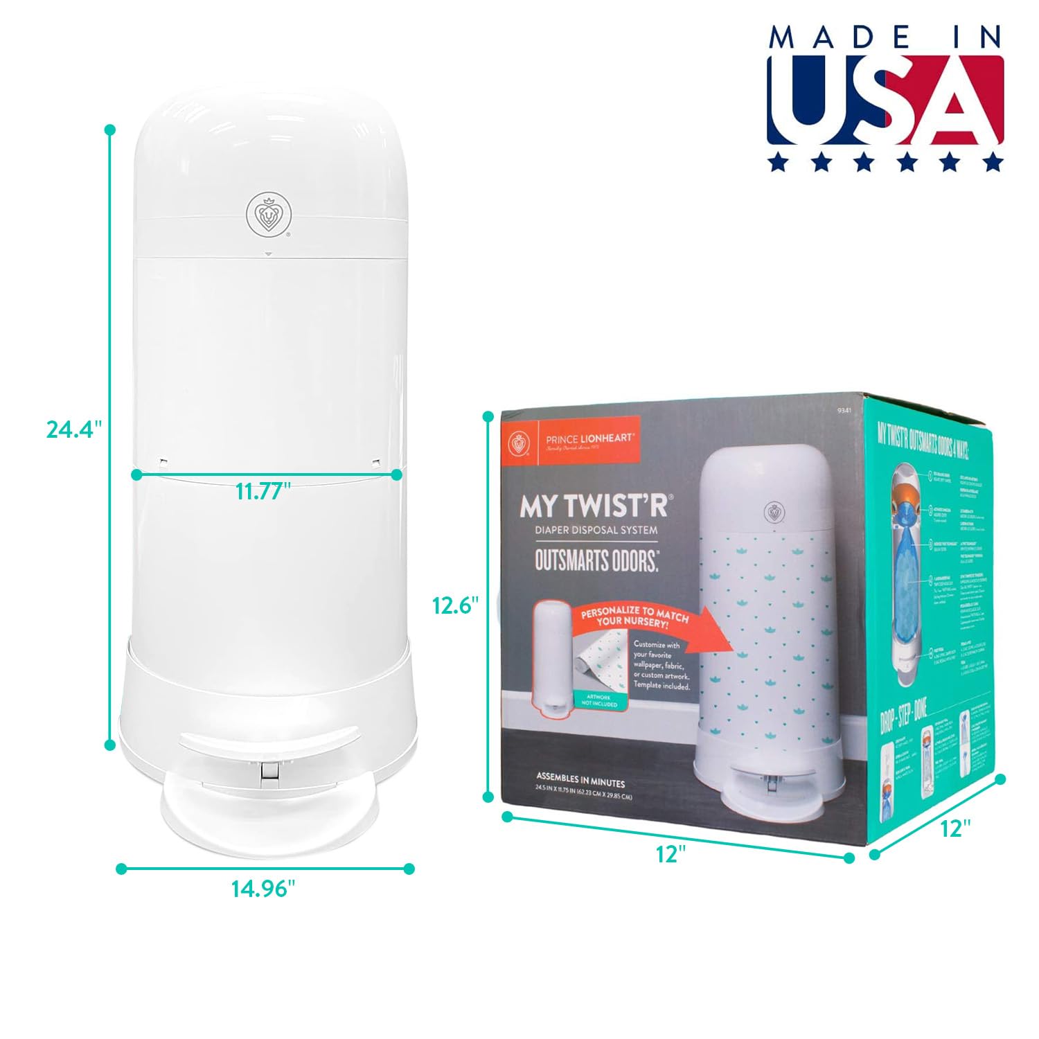 Prince Lionheart My Twist’R Diaper Pail Made in USA with Refill Bags Included - Hands Free Patented Design Completely Eliminates Odors - Easy to Use, Customize to Match Nursery