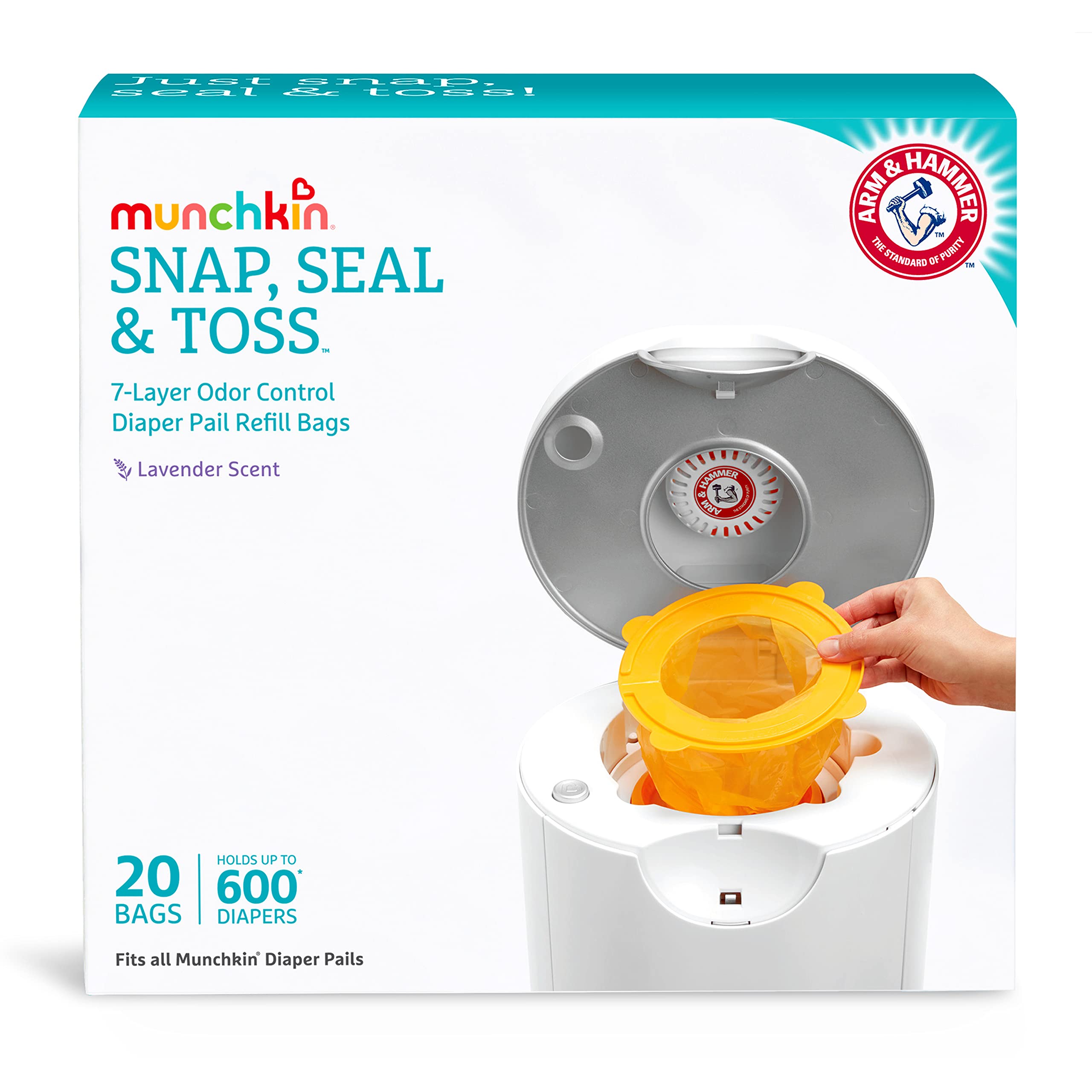 Munchkin® Step Diaper Pail Powered by Arm & Hammer & Arm & Hammer Diaper Pail Refill Rings, 2,176 Count, 8 Pack (272 Count each) & ® Arm and Hammer Diaper Pail Snap, White 20 Count