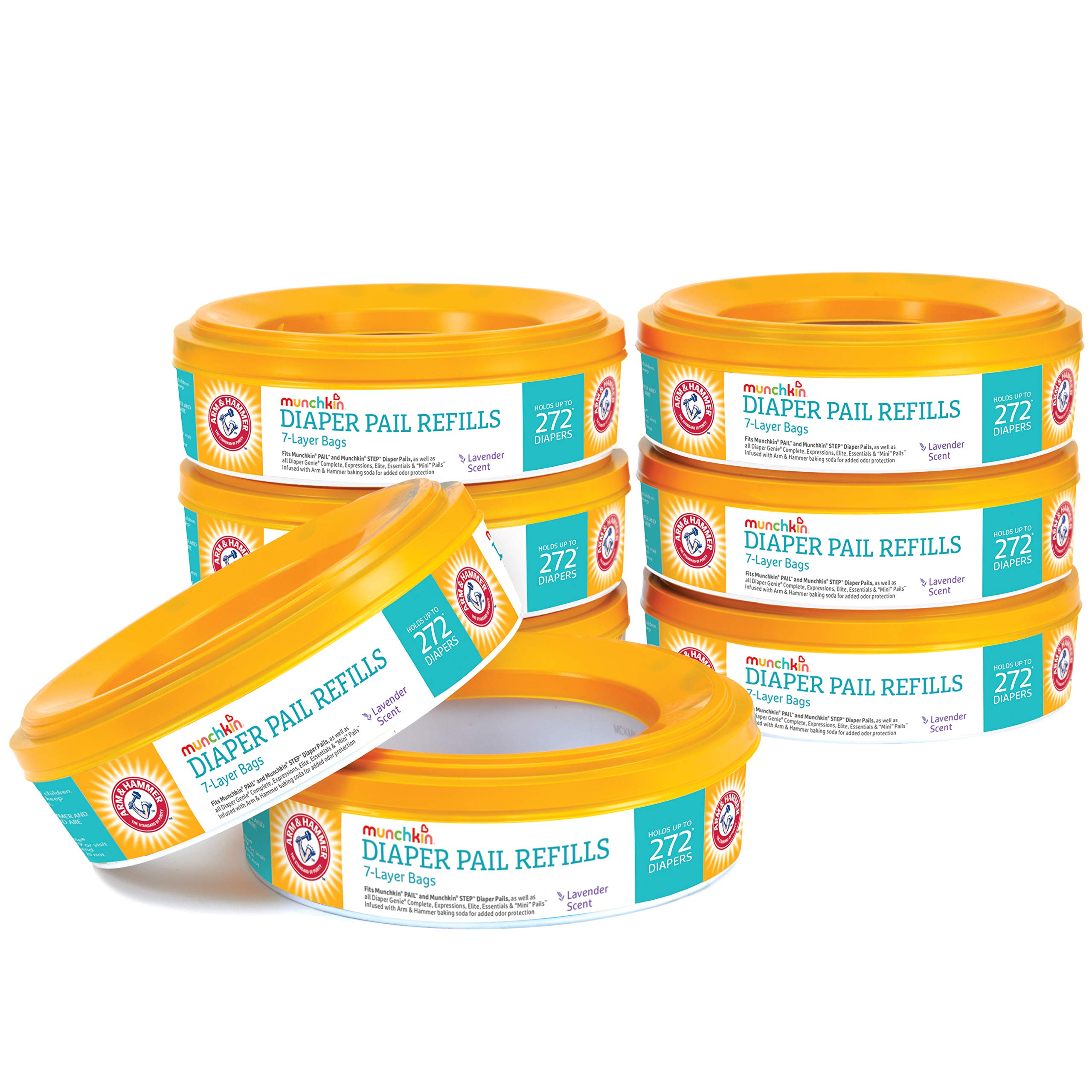 Munchkin® Step Diaper Pail Powered by Arm & Hammer & Arm & Hammer Diaper Pail Refill Rings, 2,176 Count, 8 Pack (272 Count each) & ® Arm and Hammer Diaper Pail Snap, White 20 Count