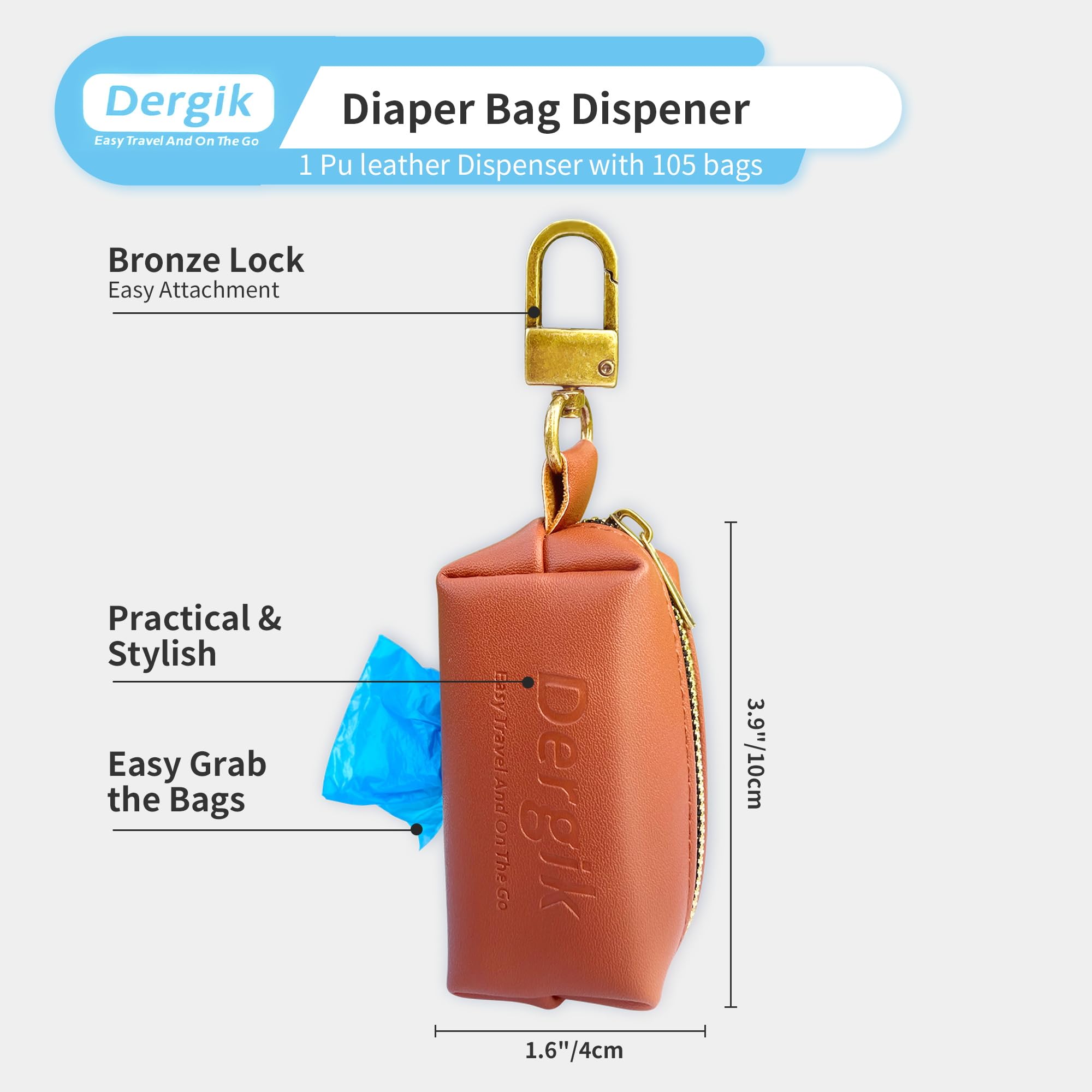 Dergik LEATHER Diaper Bag Dispenser | 105 Disposable Diaper Sacks (7 Pack Diaper Bags Refills) for Baby and Toddler Poop or Dirty Clothes | Portable Travel Essential and On the Go, Brown