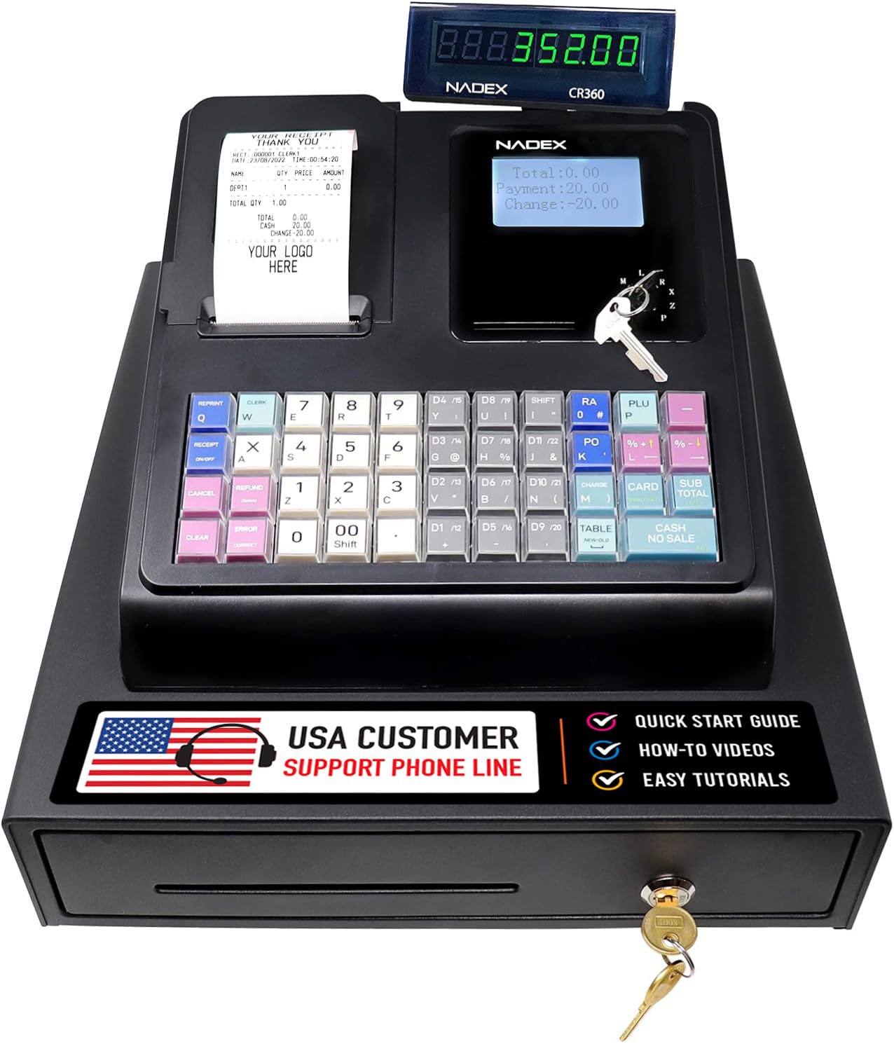 Nadex CR360 Cash Register, 4700 Lookups 50 Dept 50 Clerks, Quick Load Thermal Printer, Compact Size, Cash and Coin Drawer, Black