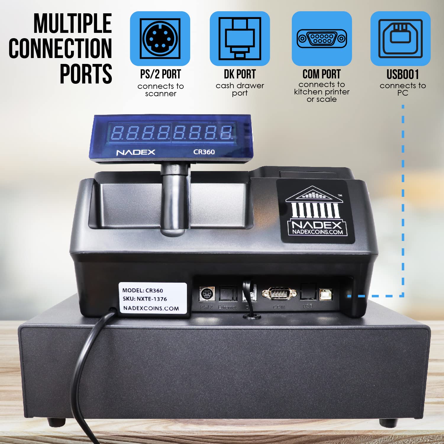 Nadex CR360 Cash Register, 4700 Lookups 50 Dept 50 Clerks, Quick Load Thermal Printer, Compact Size, Cash and Coin Drawer, Black