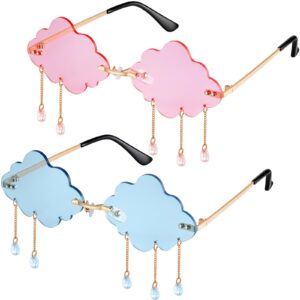 2 Pairs Tassel Clouds Shaped, Rimless Men Women 90s Disco Sunglasses (Light Blue, Pink)