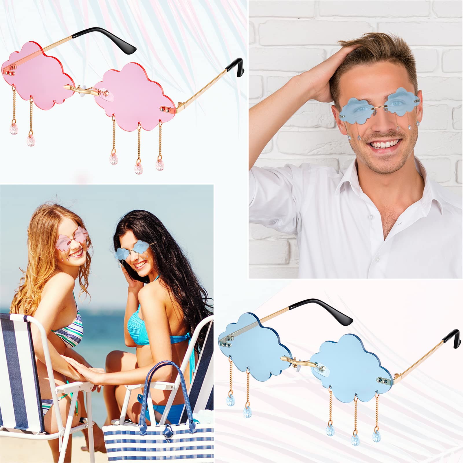 2 Pairs Tassel Clouds Shaped, Rimless Men Women 90s Disco Sunglasses (Light Blue, Pink)