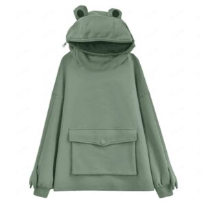 women's/girl's cute frog hoodie pullover zipper mouth hooded sweatshirt with large front pocket dark green large