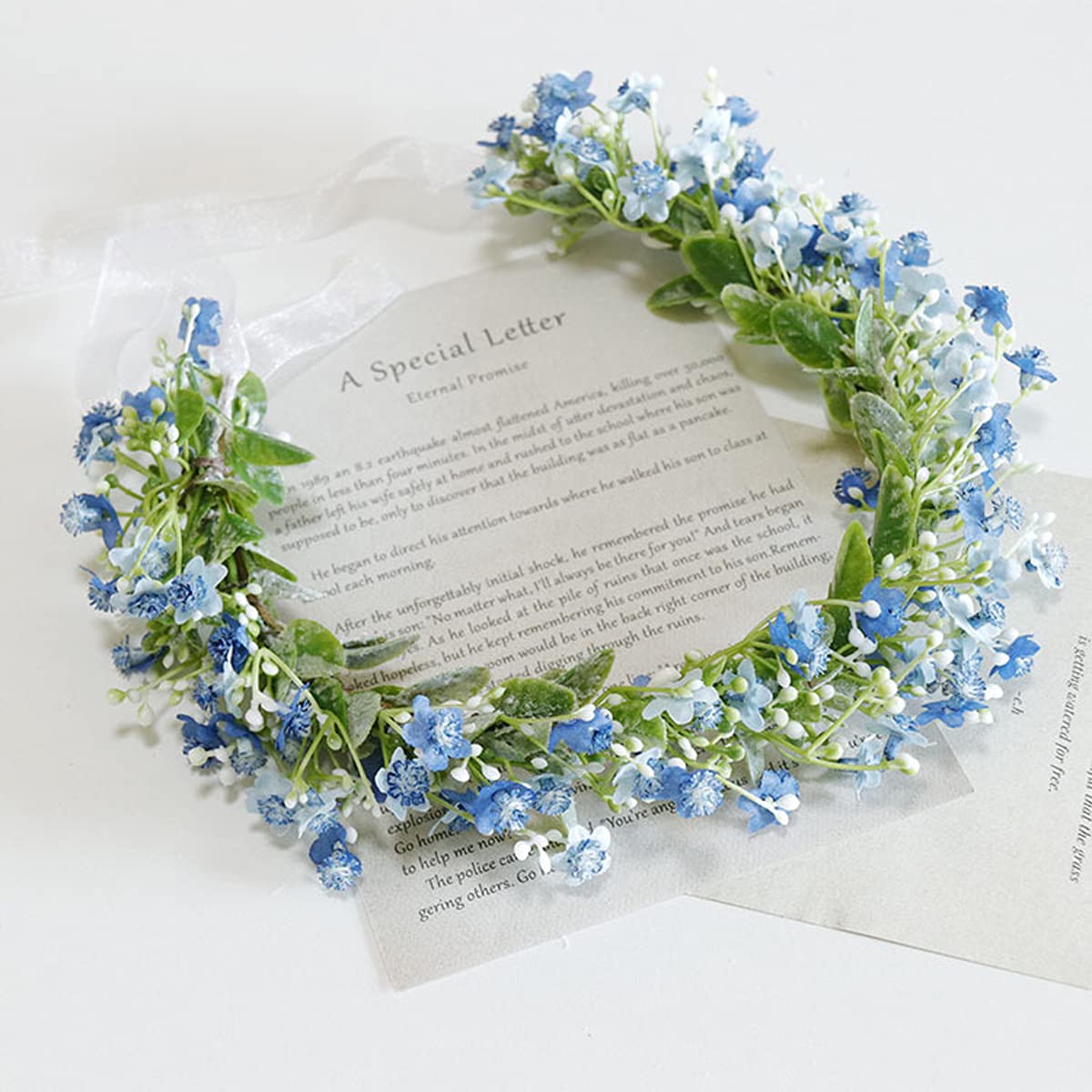 DDazzling Women Girs Flower Crown Bridal Eucalyptus Halo Wedding Floral Headband Photo Shoot (Gypsophila Paniculata Blue)