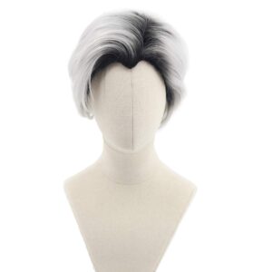 SpeedBeauty Man's Short Curly Silver Grey Boot Black Cosplay Wig Halloween Costume Wig