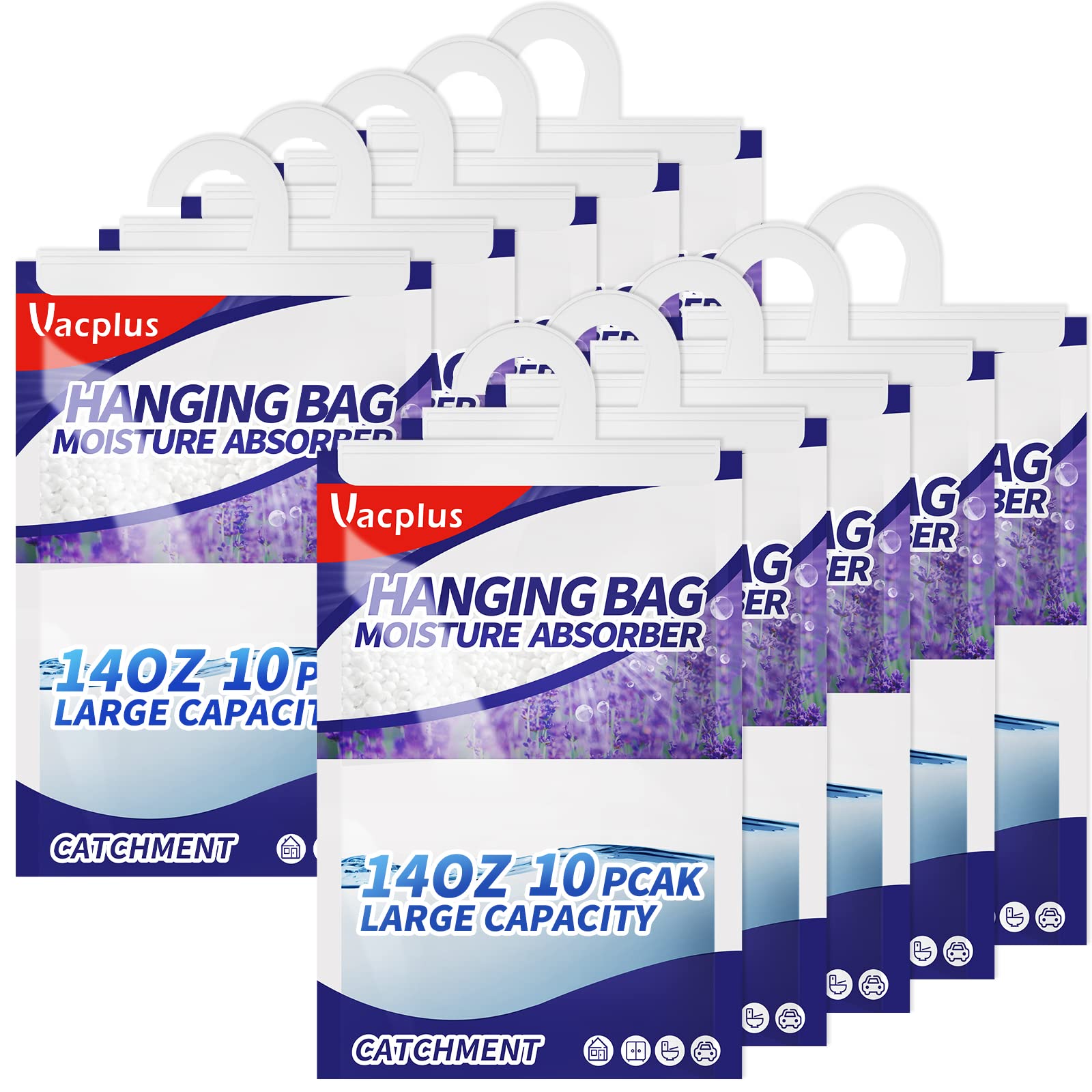 Vacplus Hanging Moisture Absorbers Bags - 14 OZ Universal Dehumidifiers for Closet and Enclosed Space, Scented Dehumidifier Bags Effectively Trap Extra Moisture & Remove Odors, Lavender Scent, 10 Pack