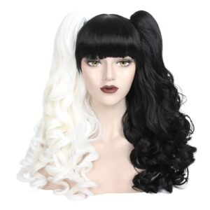 weken long curly cosplay wig with pigtails lolita detachable ponytail wig for women girls halloween costume party (black and white)