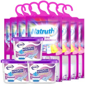 natruth moisture absorber 7 hangingpackets（9.8oz*7）+ 3 portable boxs (10.5oz*3), dehumidifiers with lavender, desiccant hanging bag use for kitchen bathroom wardrobe, eliminates odors, odor absorber