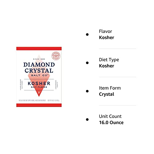 Diamond Crystal Kosher Salt Flakes – Full Flavor, No Additives and Less Sodium - Pure and Natural Since 1886-1 Pound Box