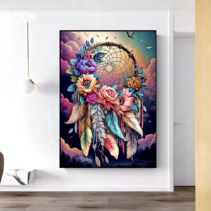 Dream Catcher Diamond Painting Kits for Adults Beginners,5D DIY Diamond Dots Art Flowers,Dreamcatcher Paint by Diamonds Round Full Drills Gem Paintings for Home Wall Decor 12x16Inch