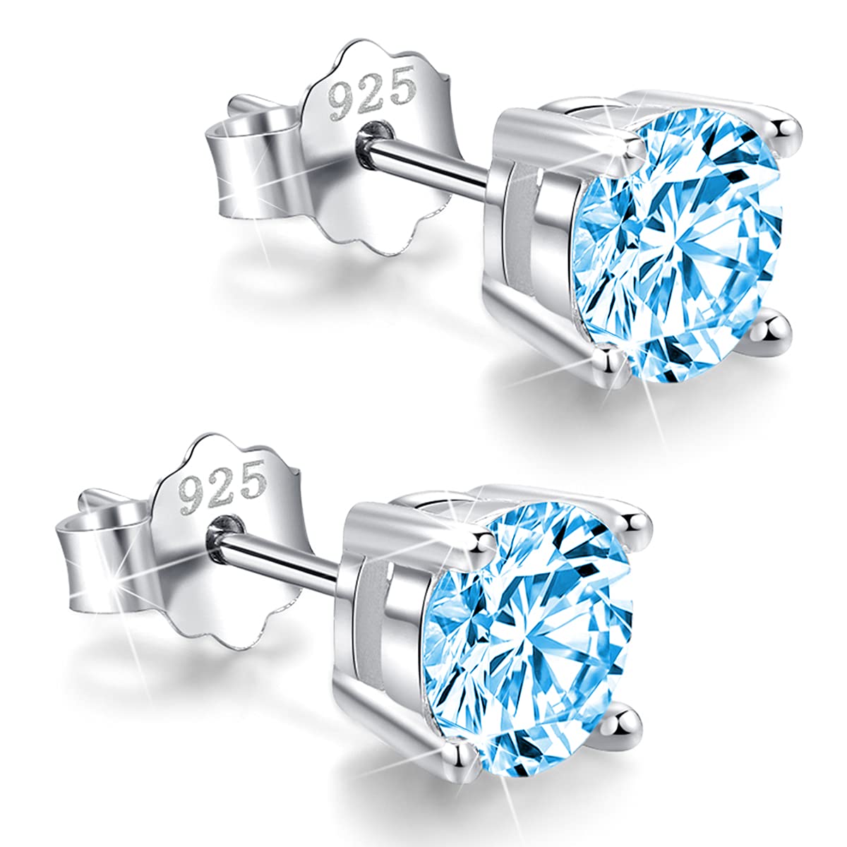 925 Sterling Silver Round-Cut Blue Cubic Zirconia Stud Earrings 3mm-8mm Options, Simulated Diamond CZ Studs Hypoallergenic Jewelry (4mm)