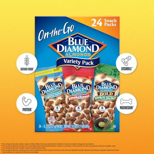 Blue Diamond Almonds Snack Nut Variety Pack for Kids, Office, School, On-the-go, 0.75 oz Gluten Free Individual Packs, Wasabi & Soy Sauce, Lightly Salted, and Smokehouse (Pack of 1,24 Count Total)