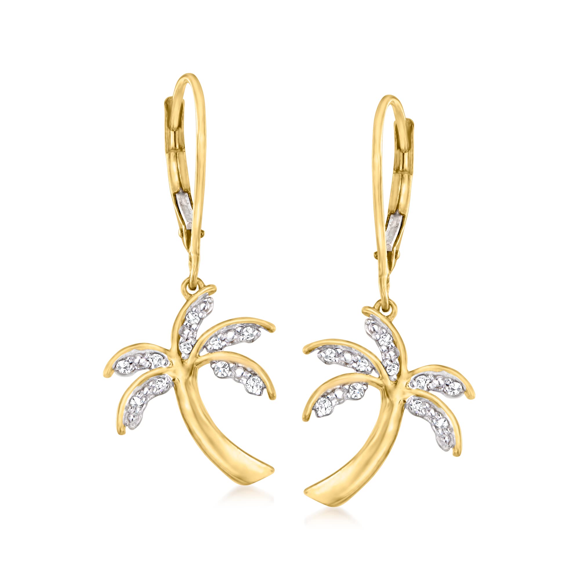 Ross-Simons 0.10 ct. t.w. Diamond Palm Tree Drop Earrings in 18kt Gold Over Sterling