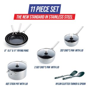 Blue Diamond Cookware Tri-Ply Stainless Steel Ceramic Nonstick, 11 Piece Cookware Pots and Pans Set, PFAS-Free, Multi Clad, Induction, Dishwasher Safe, Oven Safe, Silver