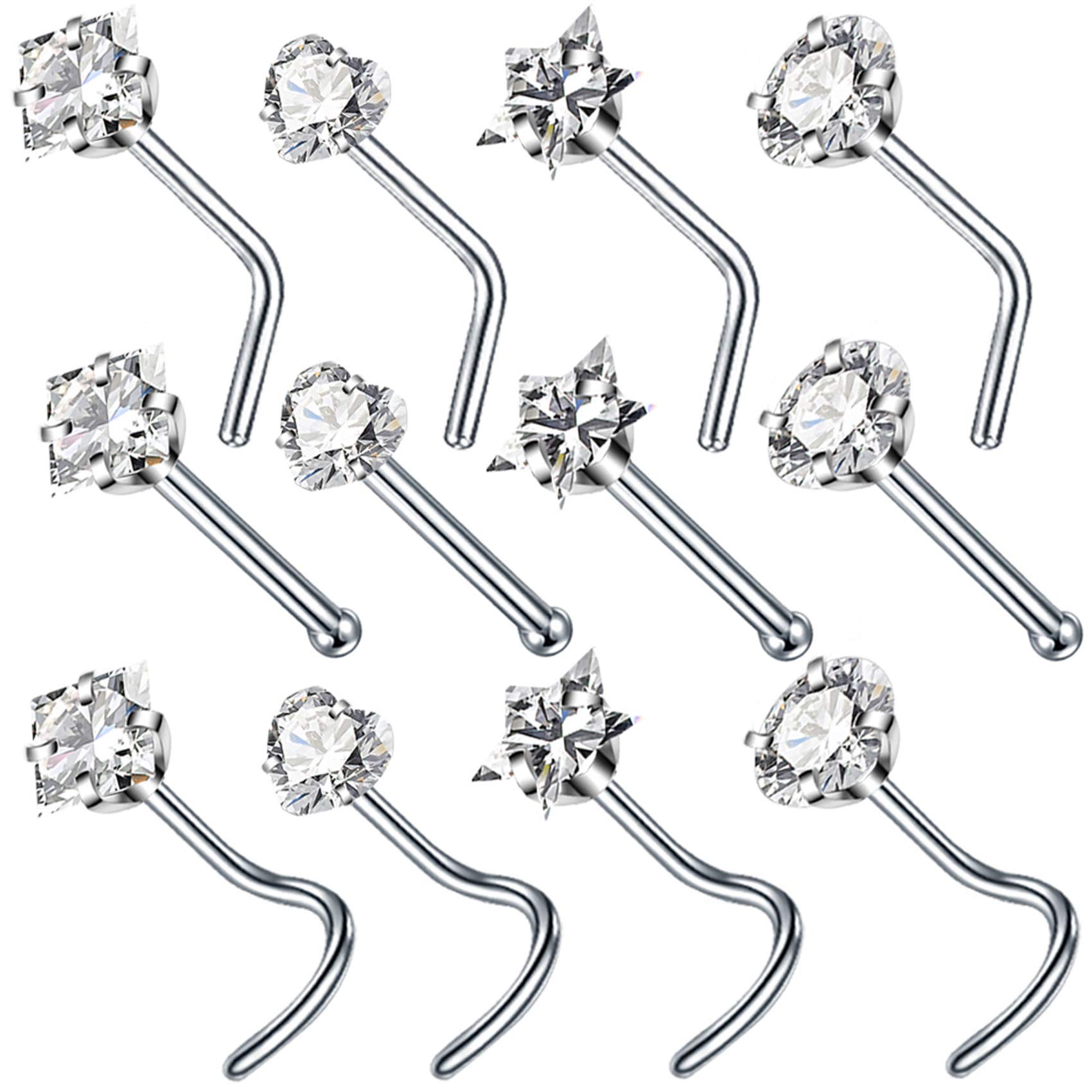 SOVSEFD 12 Pcs 20 Gauge Stainless Steel Nose Rings Studs L Crook Bone Shaped Crook Nose Fake Septum Rings Body Piercing Jewelry 3mm Diamond CZ Nose Stud L Bend for Women Men Girl Piercing (Silver)